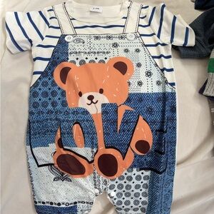 Blue and White Striped Baby Romper with Bear Design